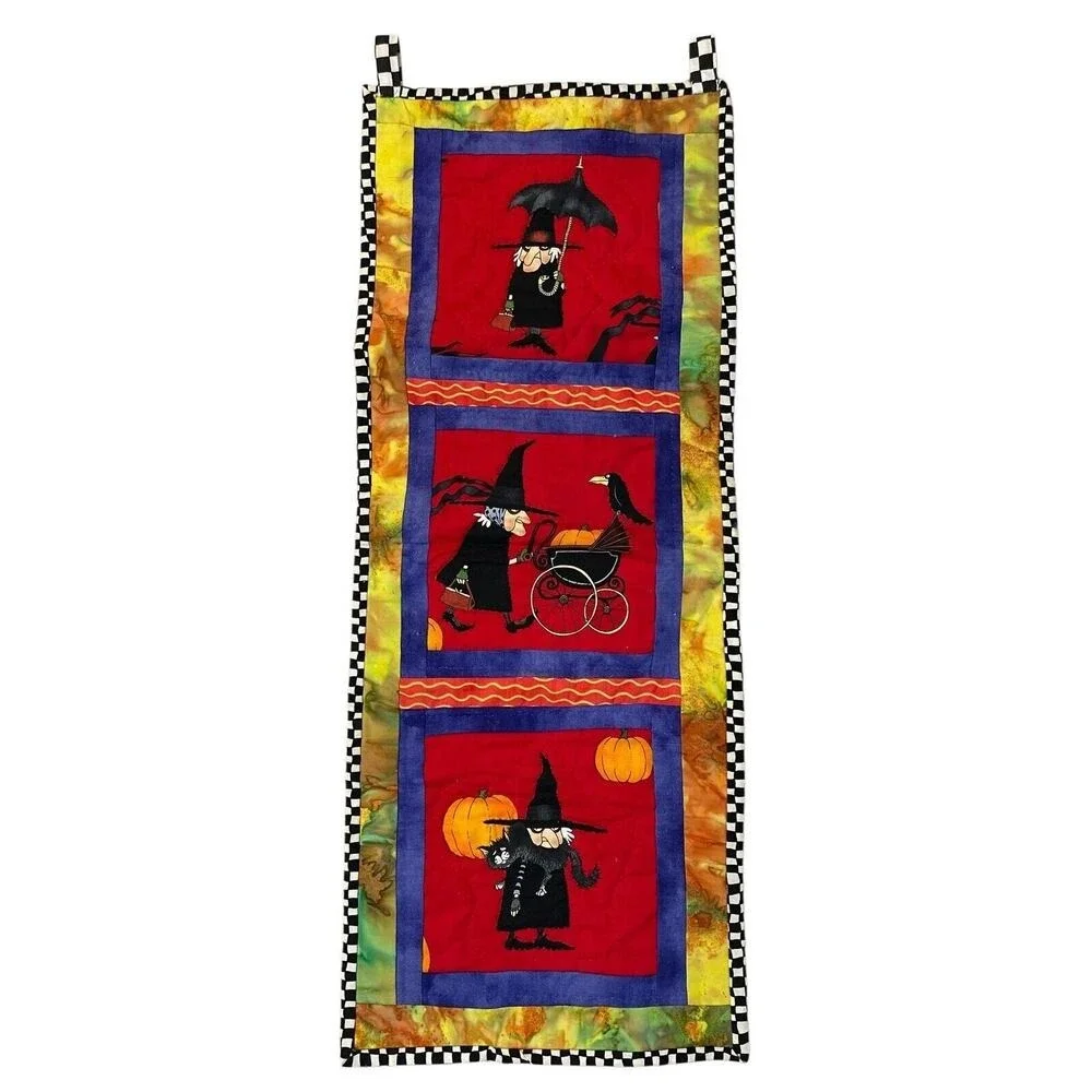 Handmade Quilted Witch Halloween Wall Hanging Decor Folk Art Cotton Kitsch 10x25
